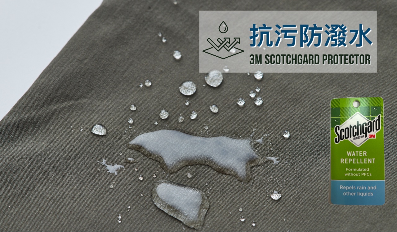 大分子的雨水與液體，在機能布料表面滑落、不沾黏、不滲透。