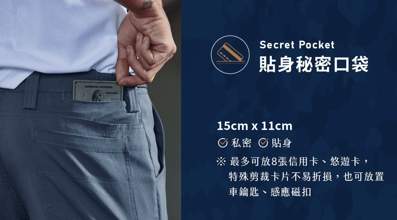 背面貼身秘密口袋設計的機能褲