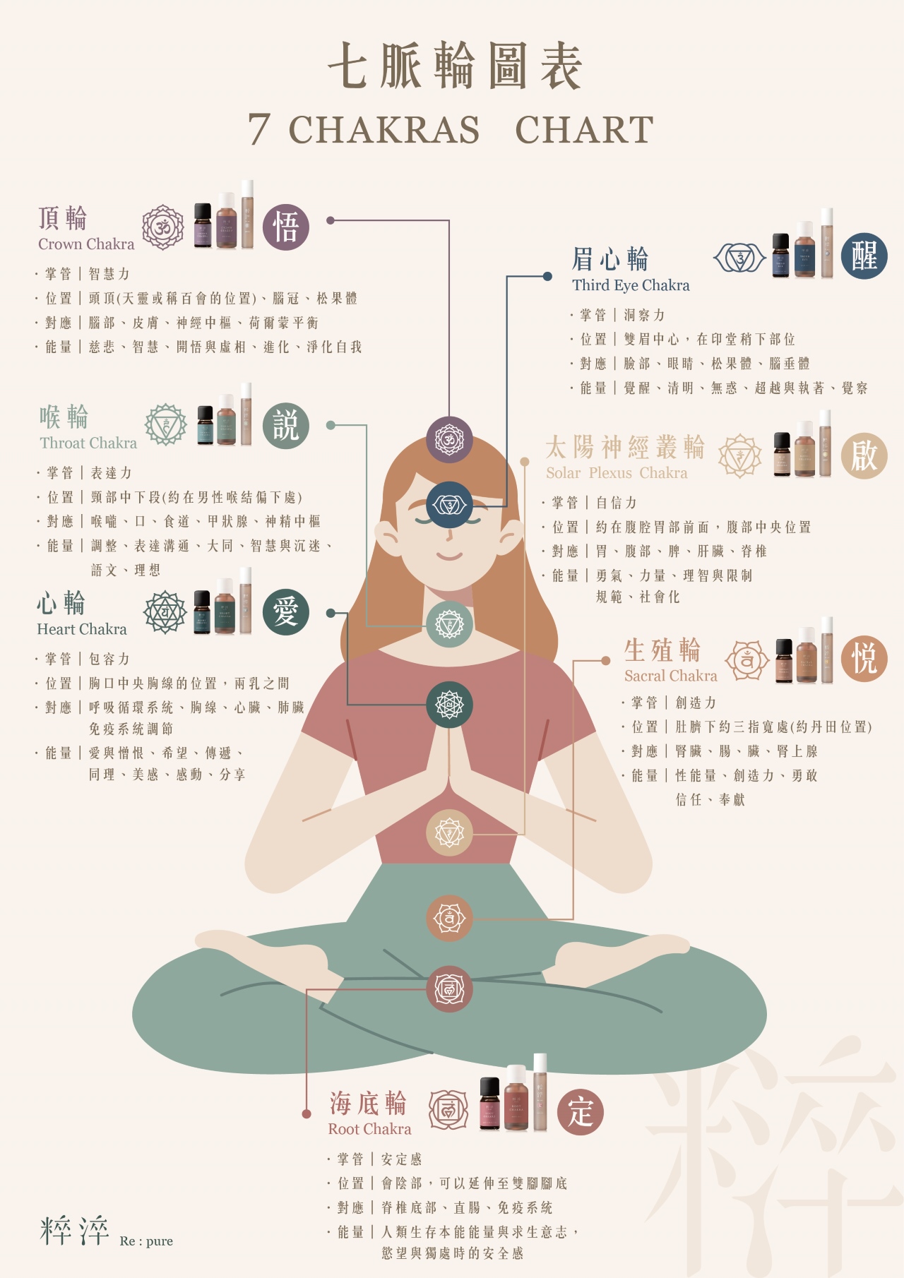 粹淬,七脈輪,位置,定,悅,啟,愛,說,醒,悟,頂輪,眉心輪,喉輪,心輪,生殖輪,海底輪