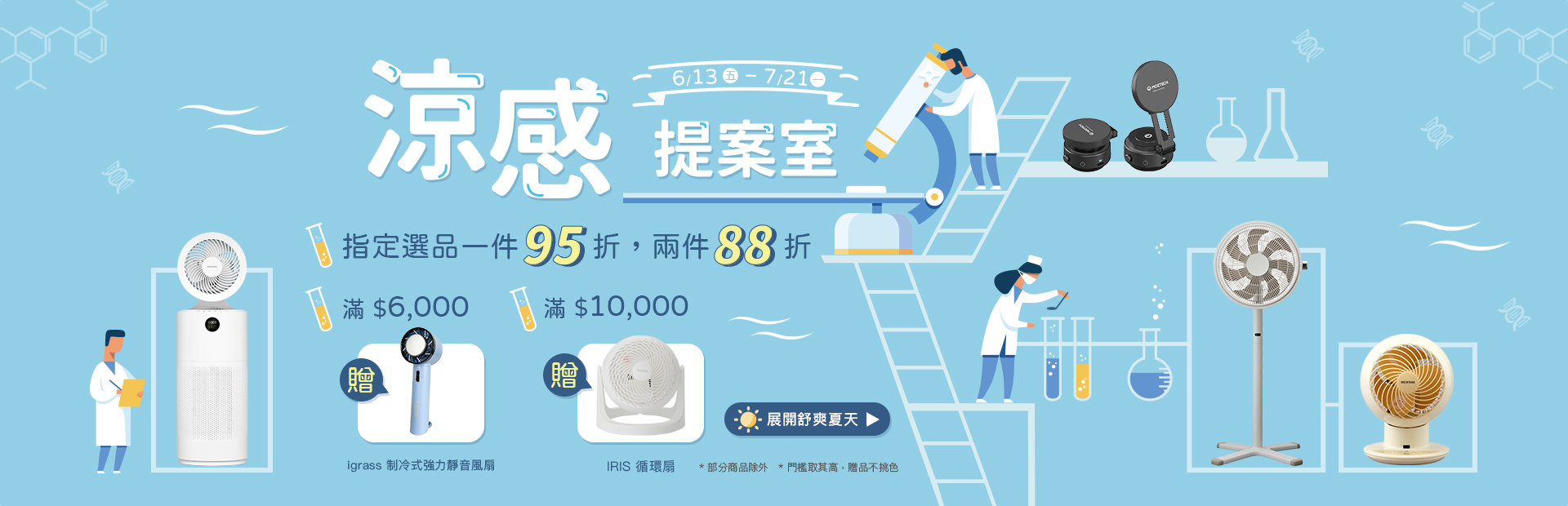 涼感提案室，滿件88折，滿額贈循環扇