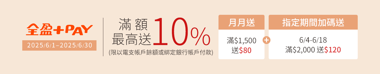 以全盈+PAY電支帳戶餘額或綁定銀行帳戶付款，單筆滿1,200元贈80元全盈儲值金